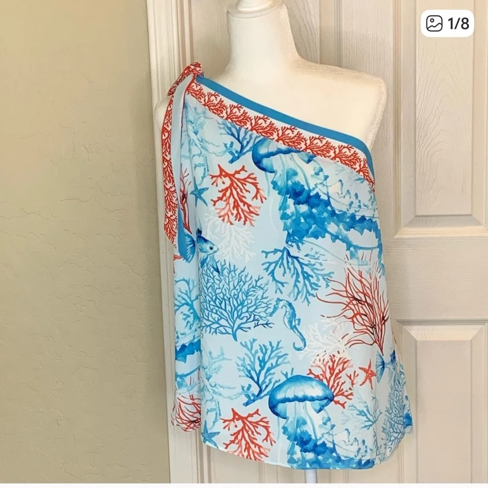 White House Black Market Coral and Blue Bath Wrap - Picture 1 of 6